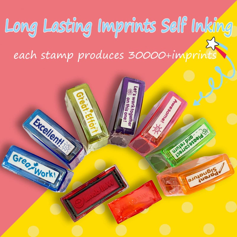 Bertiveny Teacher Stamps for Grading Classroom Parent Signature Self-Inking Teacher Stamp Set School Supplies for Homework Reward for Elementary  8 pcs(Rainbow) - Image 4